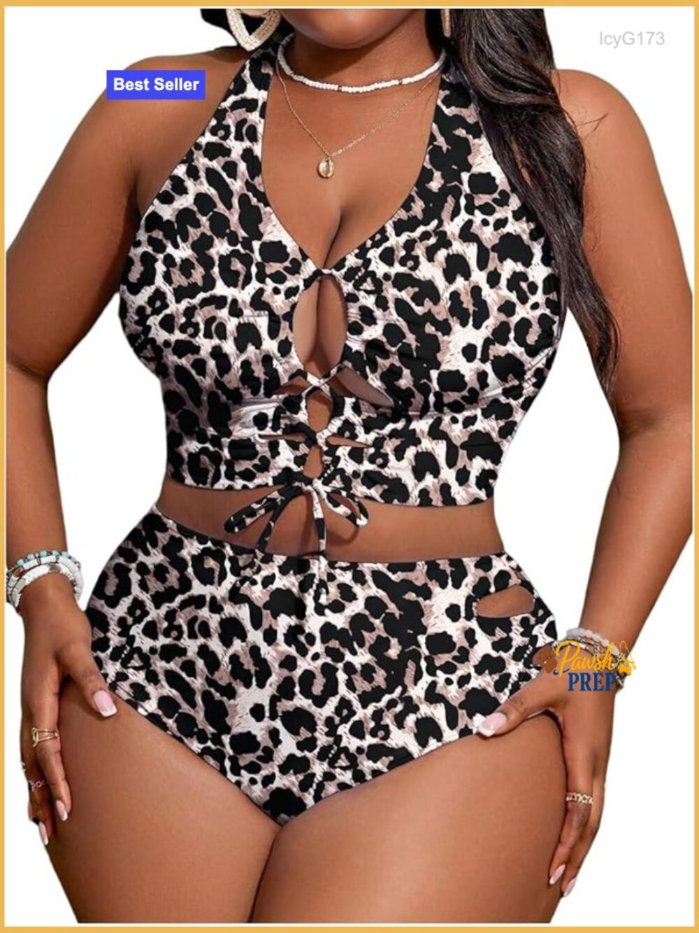 Plus Size Leopard Print Bikini Set Cut Out Lace Up 2 Piece Swimsuit Bathing Suit